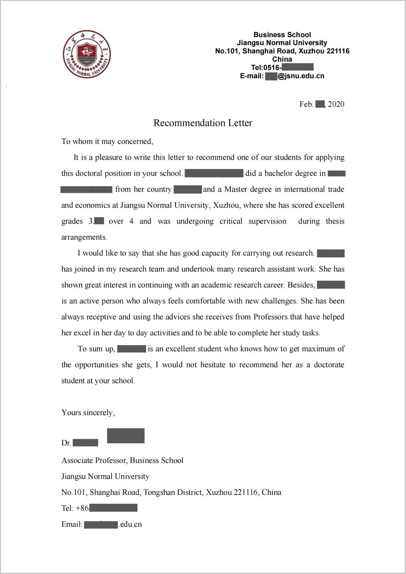 recommendation letter for graduate students samples